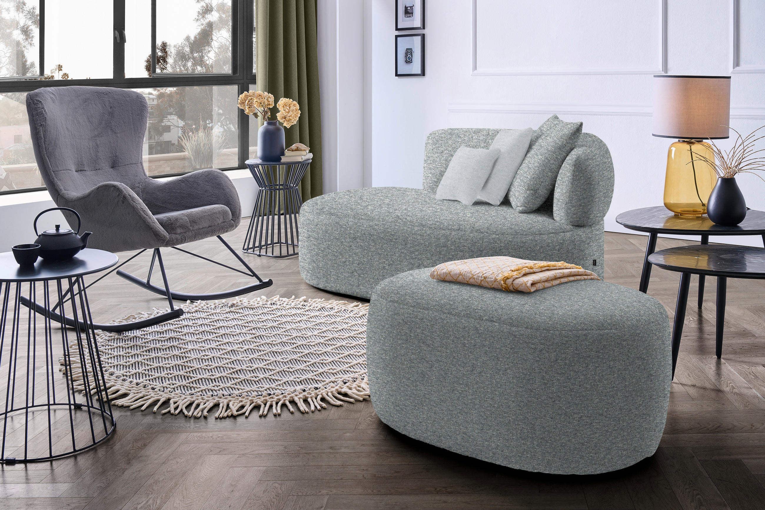 RÉCAMIERE  in Flachgewebe Hellgrau, Grau, Grün  - Hellgrau/Schwarz, MODERN, Kunststoff/Textil (166/86/105cm) - Hom`in