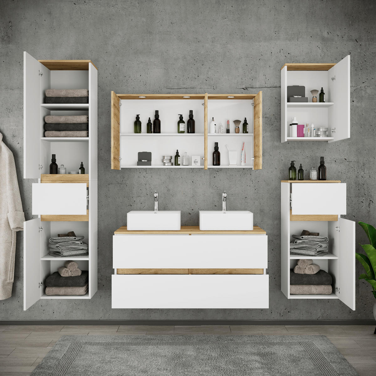 BADEZIMMER 7-teilig  in 191 cm  - Honigeiche/Weiß, Trend, Keramik/Holzwerkstoff (191cm) - MID.YOU