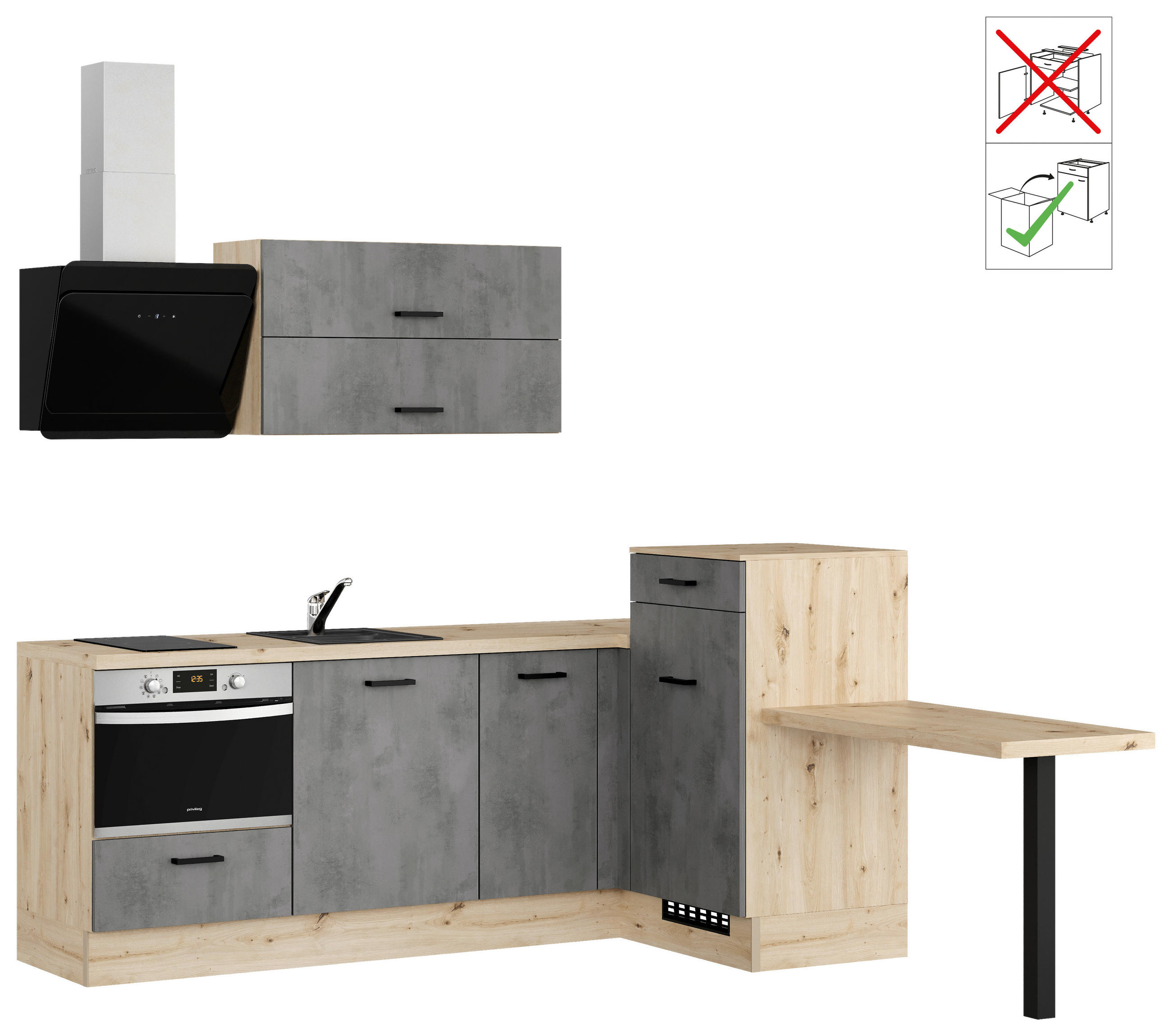 ECKKÜCHE 225/241 cm  in Grau  - Eichefarben/Schwarz, Design, Holzwerkstoff/Metall (225/241cm) - Impuls