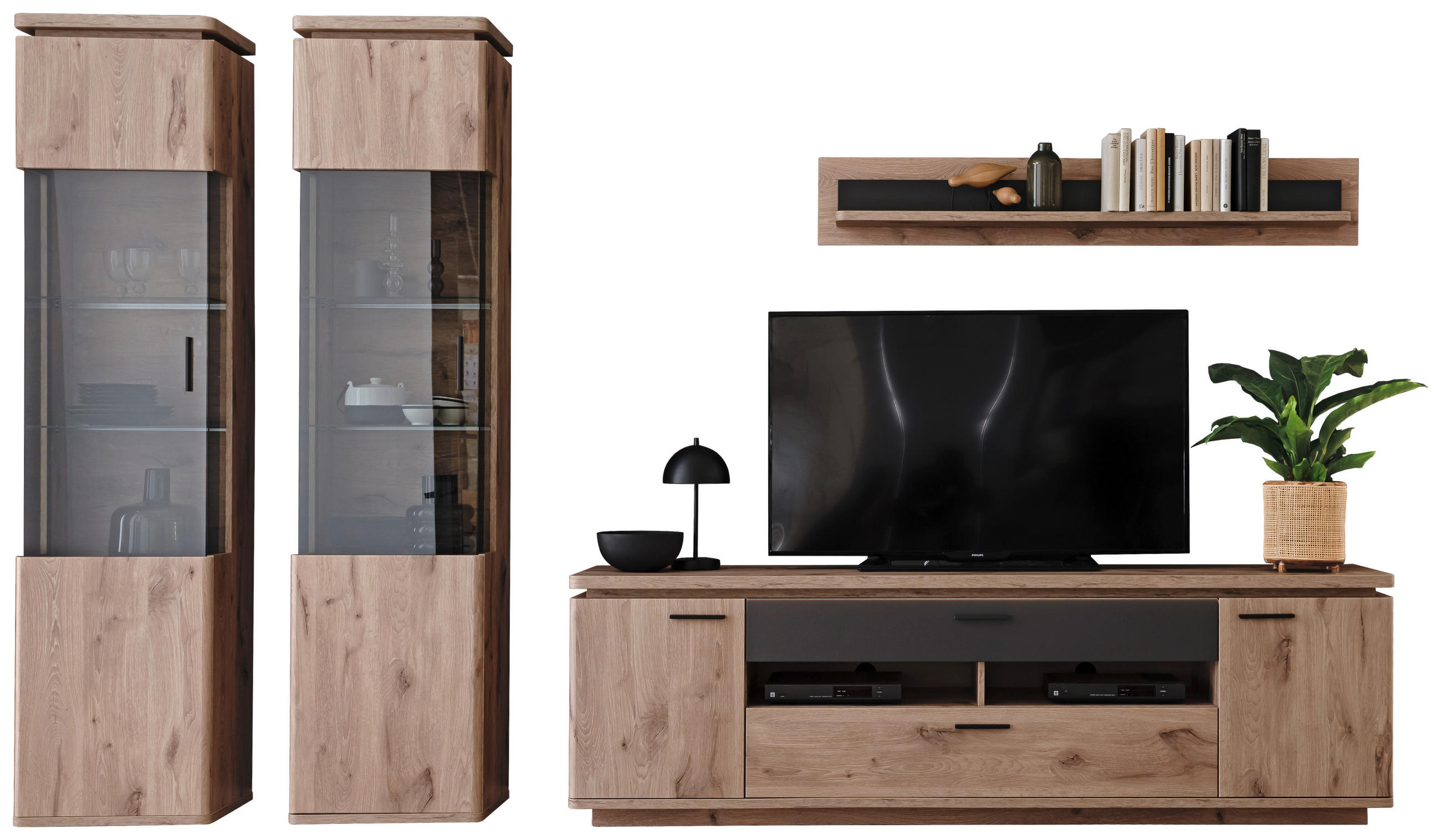 WOHNWAND  Anthrazit, Eiche dunkel 330/208/50 cm  - Eiche dunkel/Anthrazit, Konventionell, Glas/Holzwerkstoff (330/208/50cm) - Cantus