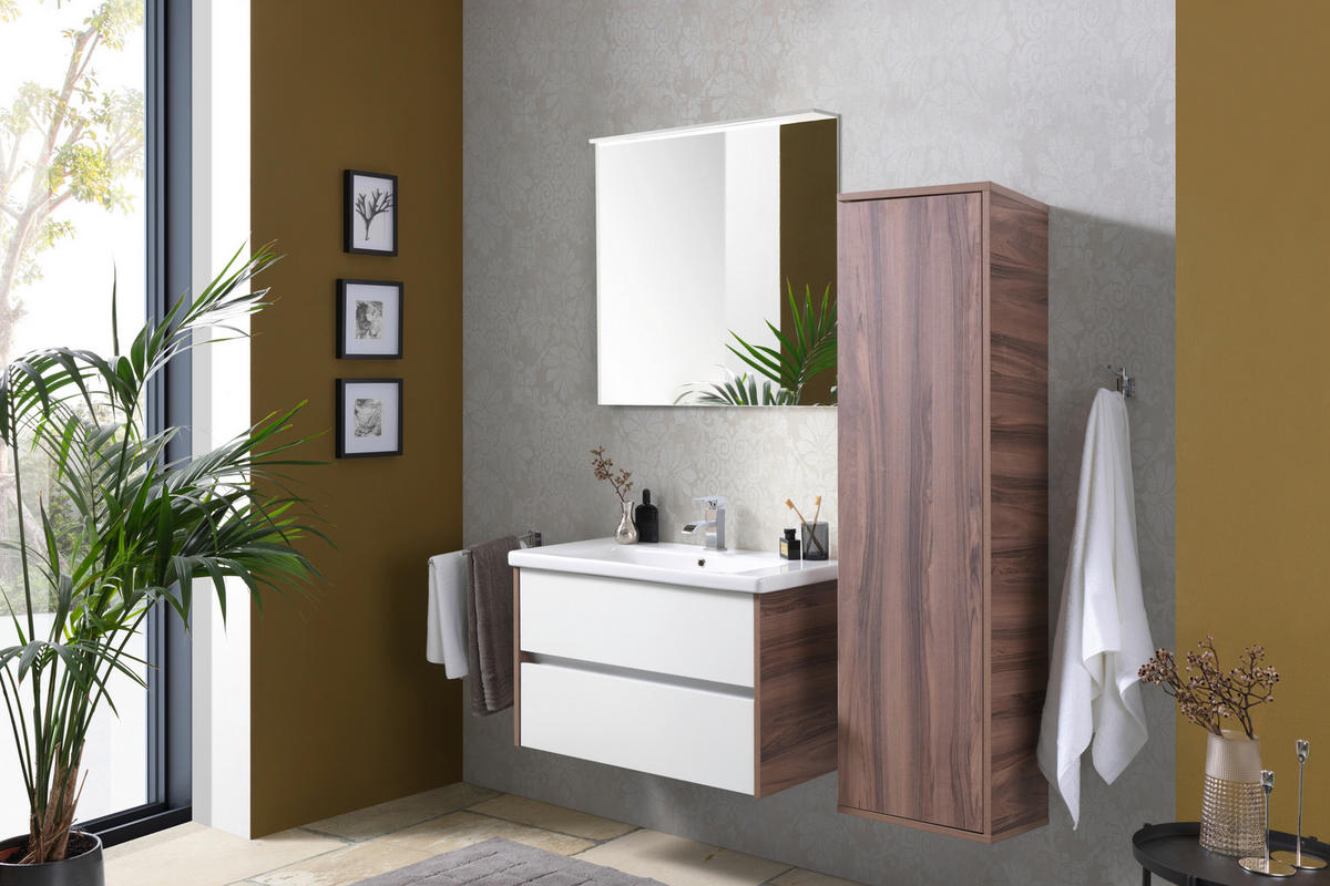 BADEZIMMER  in 90 cm  - Weiß Hochglanz/Nussbaumfarben, Basics, Glas/Keramik (90cm) - Voleo