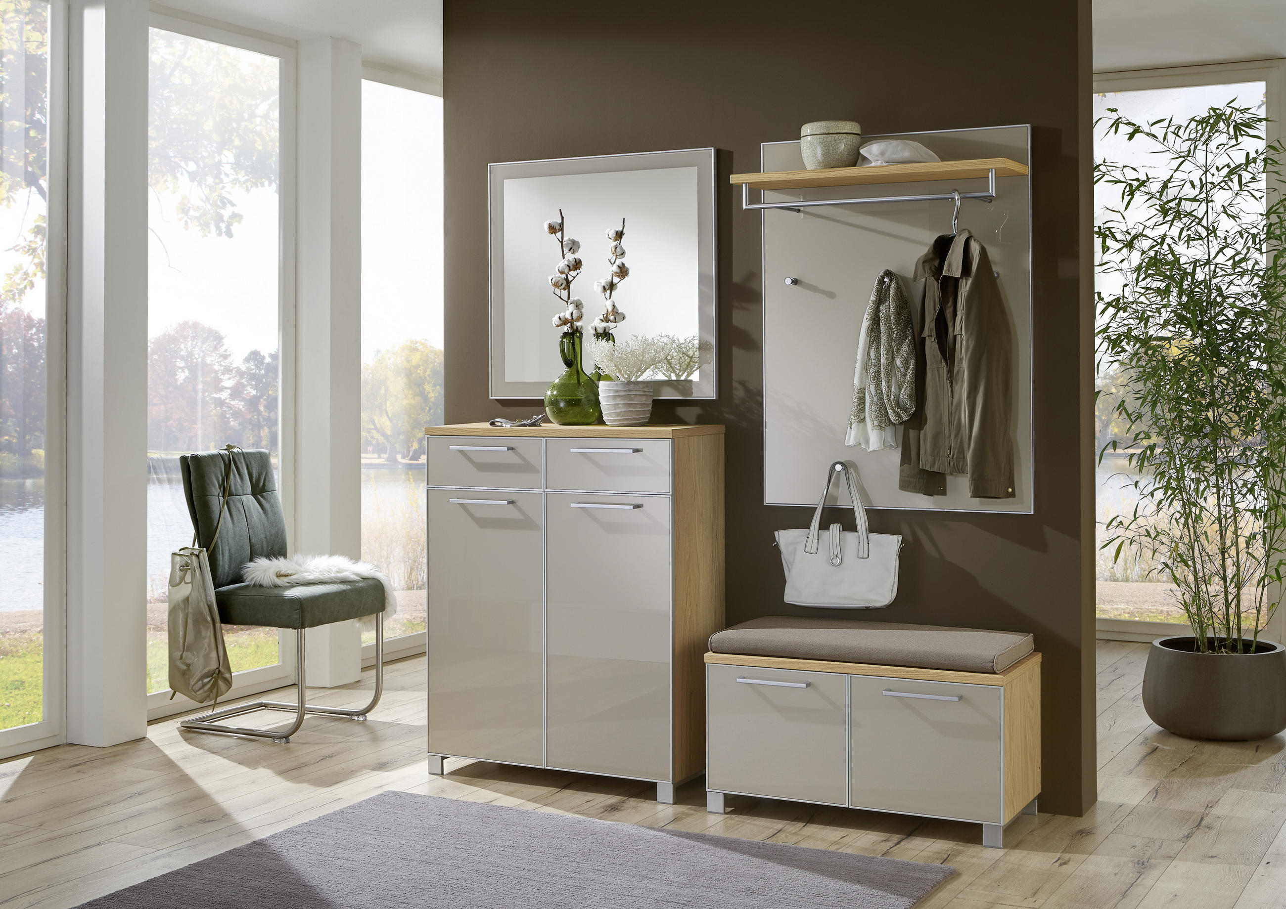 GARDEROBE Taupe, Eichefarben - Taupe/Eichefarben, Design, Glas/Holz (180/195/40cm)