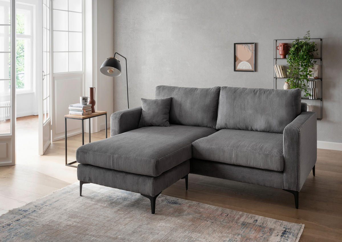 ECKSOFA Eliza Grau Cord  - Schwarz/Grau, Basics, Textil/Metall (204/153cm) - Livetastic
