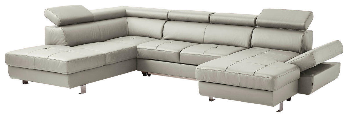 WOHNLANDSCHAFT in Kombination Echtleder/Lederlook Grau  - Chromfarben/Grau, Design, Leder/Textil (212/334/157cm) - Stylife