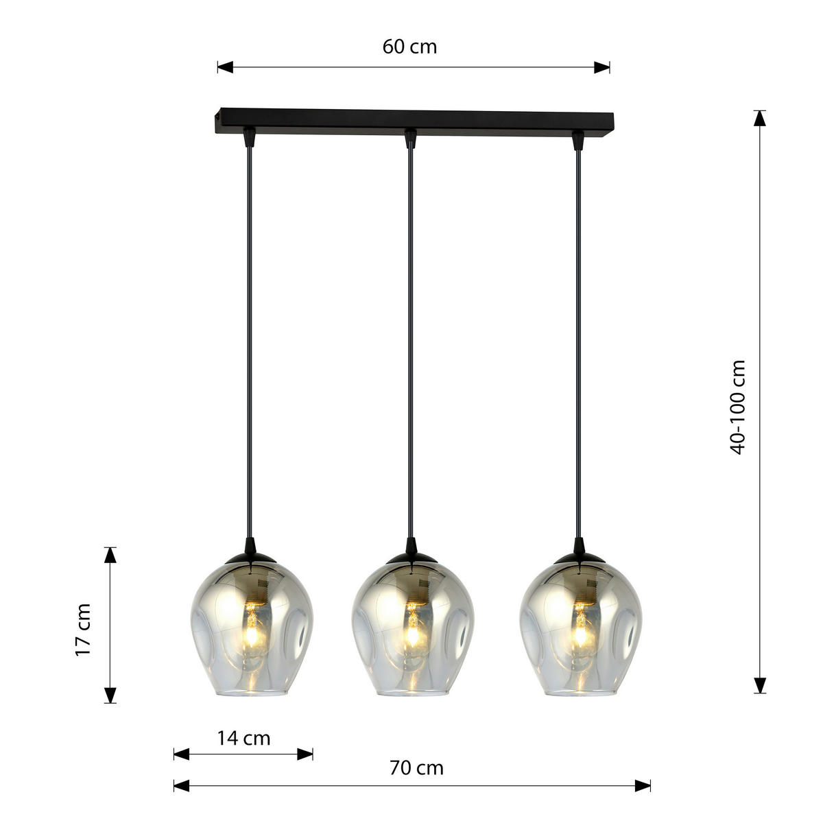 HÄNGELEUCHTE  70/14/100 cm    - Schwarz, KONVENTIONELL, Glas/Metall (70/14/100cm)