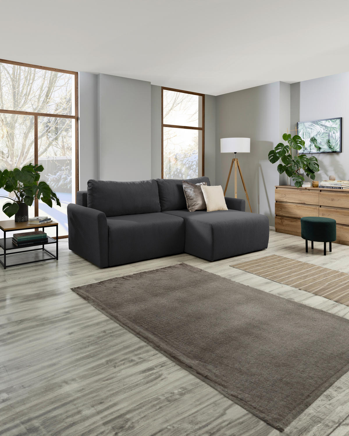 ECKSOFA in Cord Anthrazit  - Anthrazit/Schwarz, Konventionell, Kunststoff/Textil (228/146cm) - MID.YOU