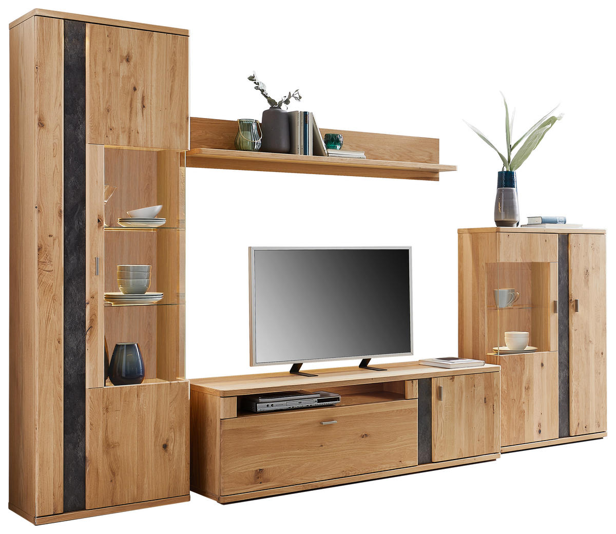 WOHNWAND Turego  in Eichefarben  327,4/208,6/50,2 cm  - Eichefarben/Silberfarben, KONVENTIONELL, Glas/Holz (327,4/208,6/50,2cm) - Voleo