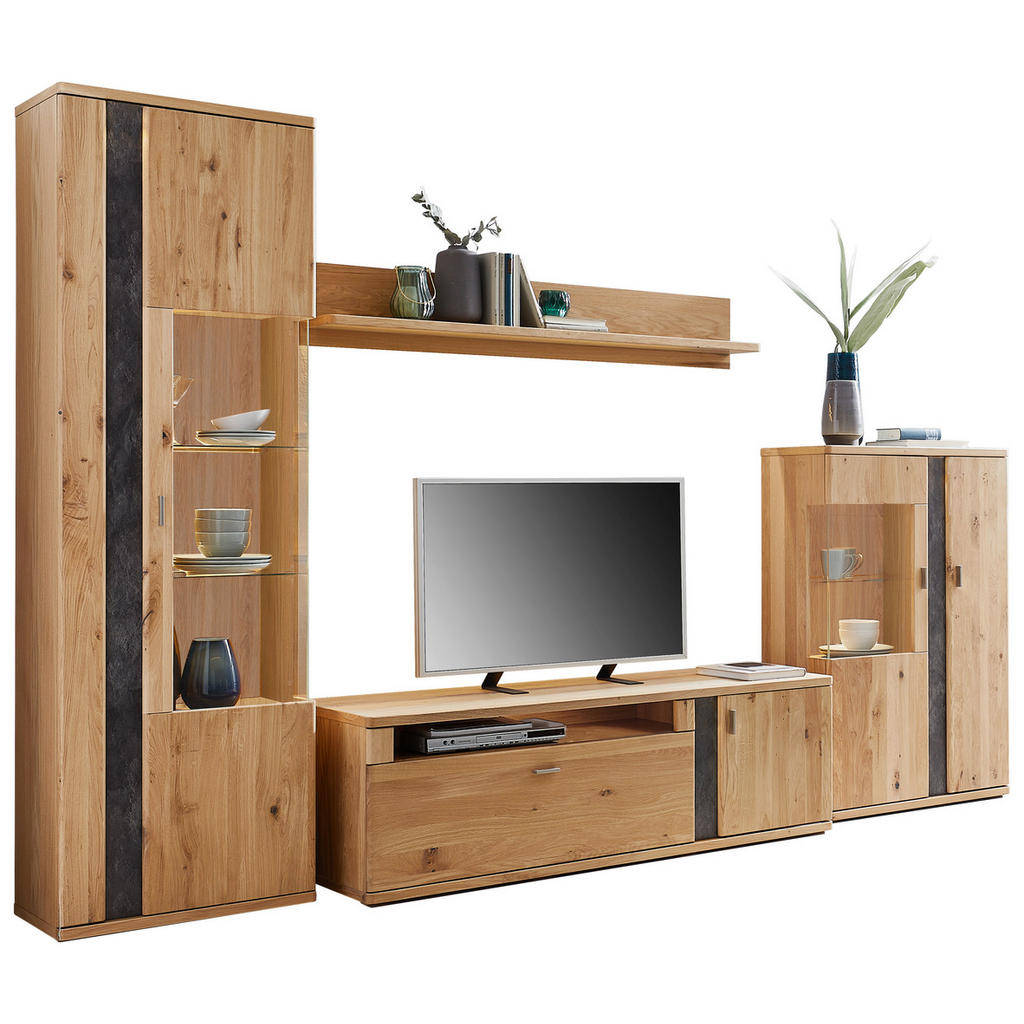 Thumbnail - Voleo Wohnwand Turego, Eiche, Metall, Eiche, furniert,furniert, massiv,massiv, 6 Fächer, 1 Schubladen, 327.4x208.6x50.2 ...
