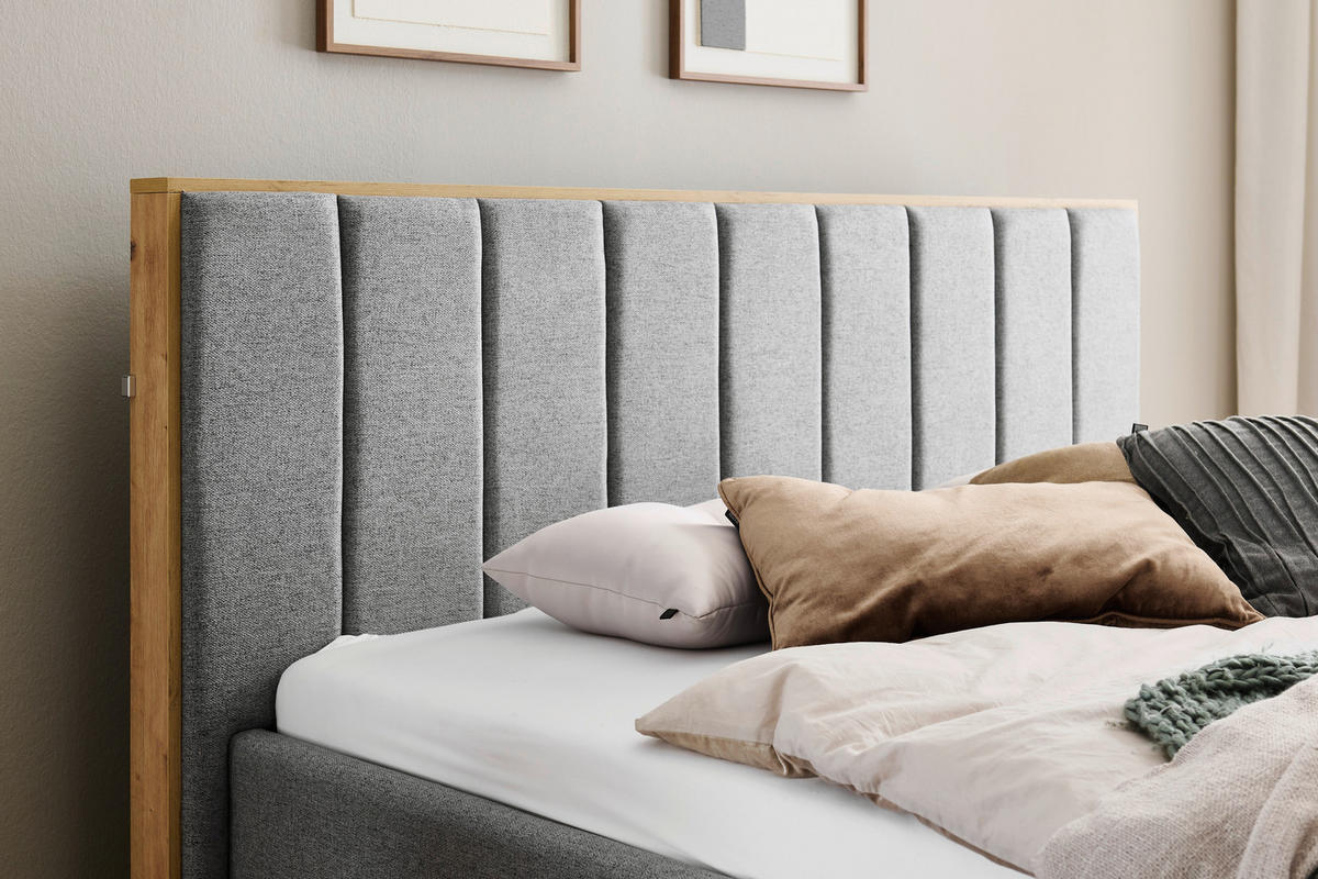 POLSTERBETT 180/200 cm,  in Grau, Beleuchtung,  - Eichefarben/Grau, Design, Holzwerkstoff/Textil (180/200cm) - Stylife