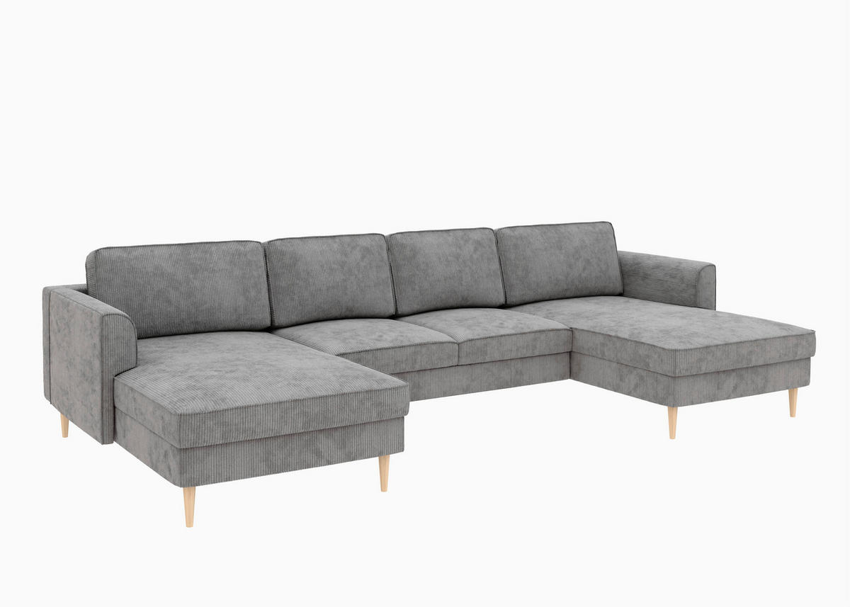 WOHNLANDSCHAFT Grau Cord  - Buchefarben/Grau, MODERN, Holz/Textil (161/306/161cm) - Trendmanufaktur