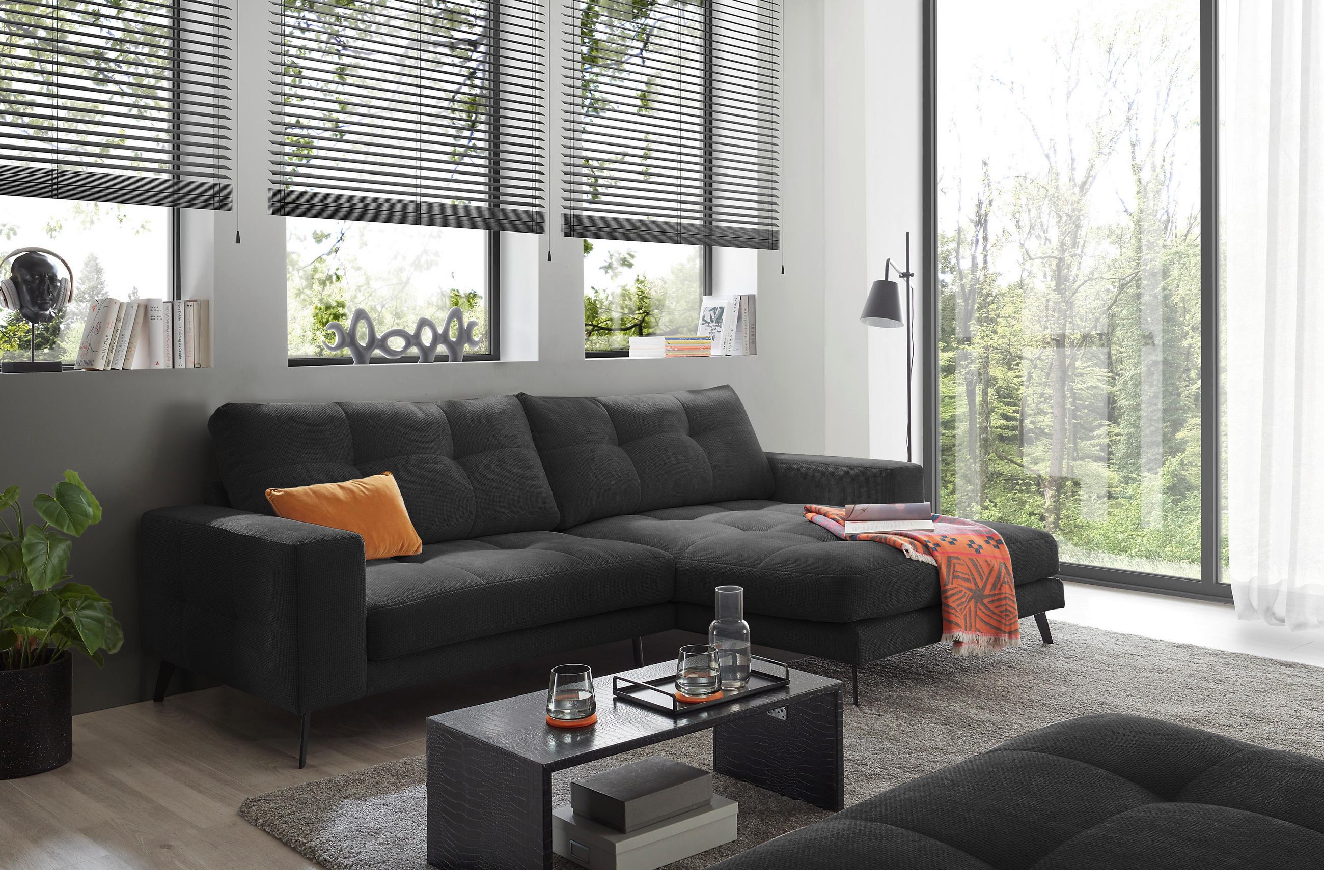 ECKSOFA ROCKPORT Schwarz Webstoff  - Schwarz, Basics, Textil/Metall (247/171cm) - Livetastic
