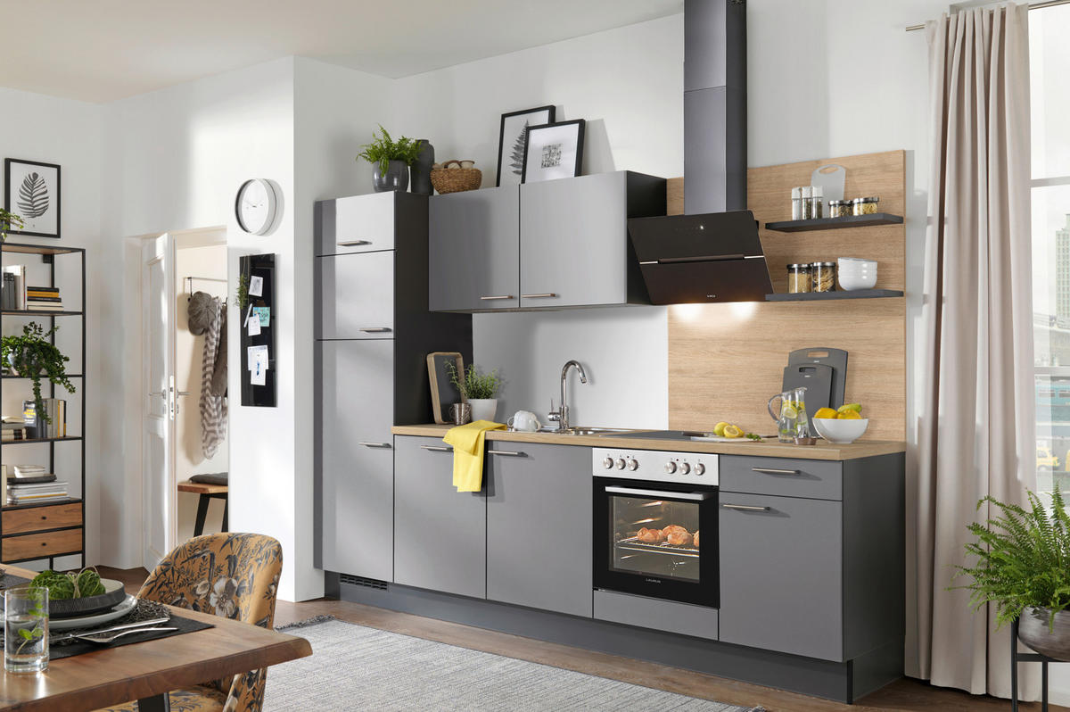 KÜCHENBLOCK 290 cm   in Graphitfarben, Grau, Eichefarben  - Edelstahlfarben/Eichefarben, Design, Holzwerkstoff/Metall (290cm) - Xora