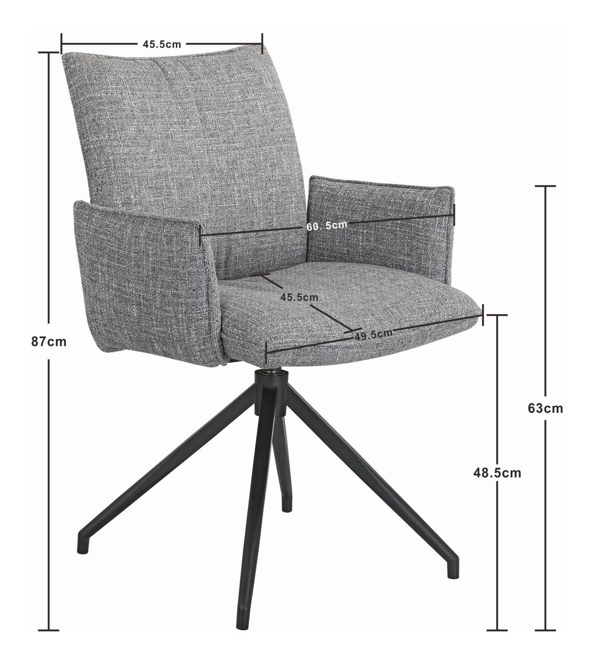 ARMLEHNSTUHL  Sitzfläche 360° drehbar, automatische Rückholfunktion Webstoff  Grau, Schwarz  - Schwarz/Grau, Design, Textil/Metall (60,5/87/61,5cm) - Novel