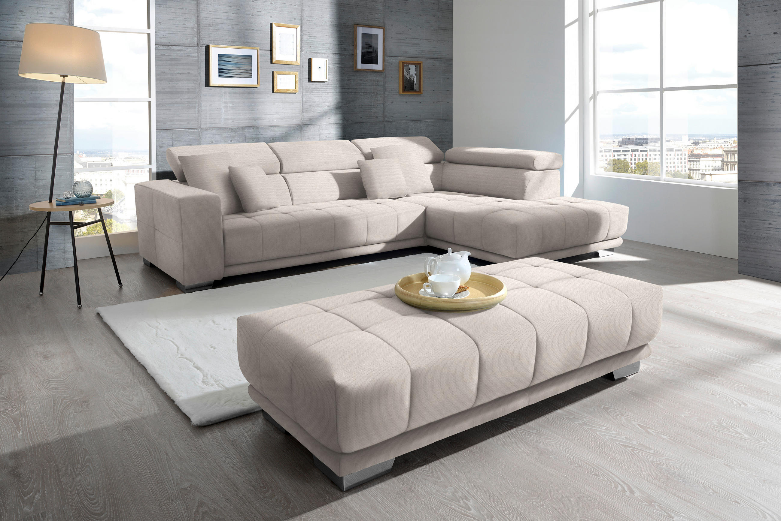 ECKSOFA Mikrofaser Ecru  - Chromfarben/Ecru, Design, Textil/Metall (301/207cm) - Xora