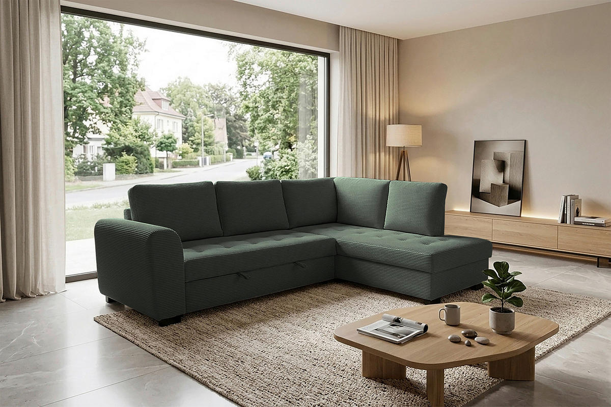 ECKSOFA JOHN Grün Cord Rückenkissen, Bettkasten, Liegefläche im Originalstoff  - Schwarz/Grün, Trend, Kunststoff/Textil (239/178cm) - P & B