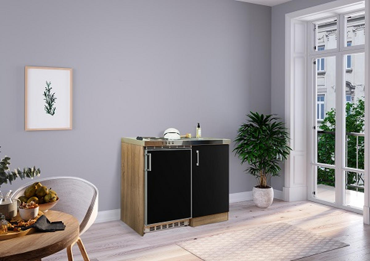 MINIKÜCHE 100 cm   in Schwarz, Sonoma Eiche  - Edelstahlfarben/Schwarz, MODERN, Holzwerkstoff/Kunststoff (100cm) - Respekta