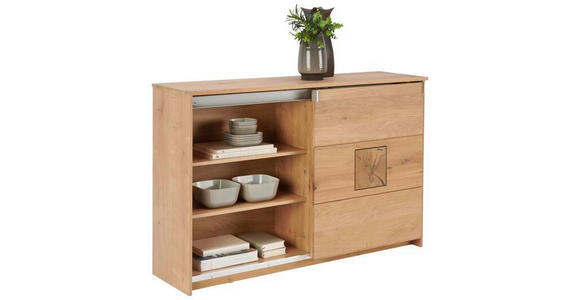 SIDEBOARD Eiche massiv Weiß, Eichefarben Einlegeböden  - Eichefarben/Alufarben, Natur, Glas/Holz (137/90/40cm) - Linea Natura