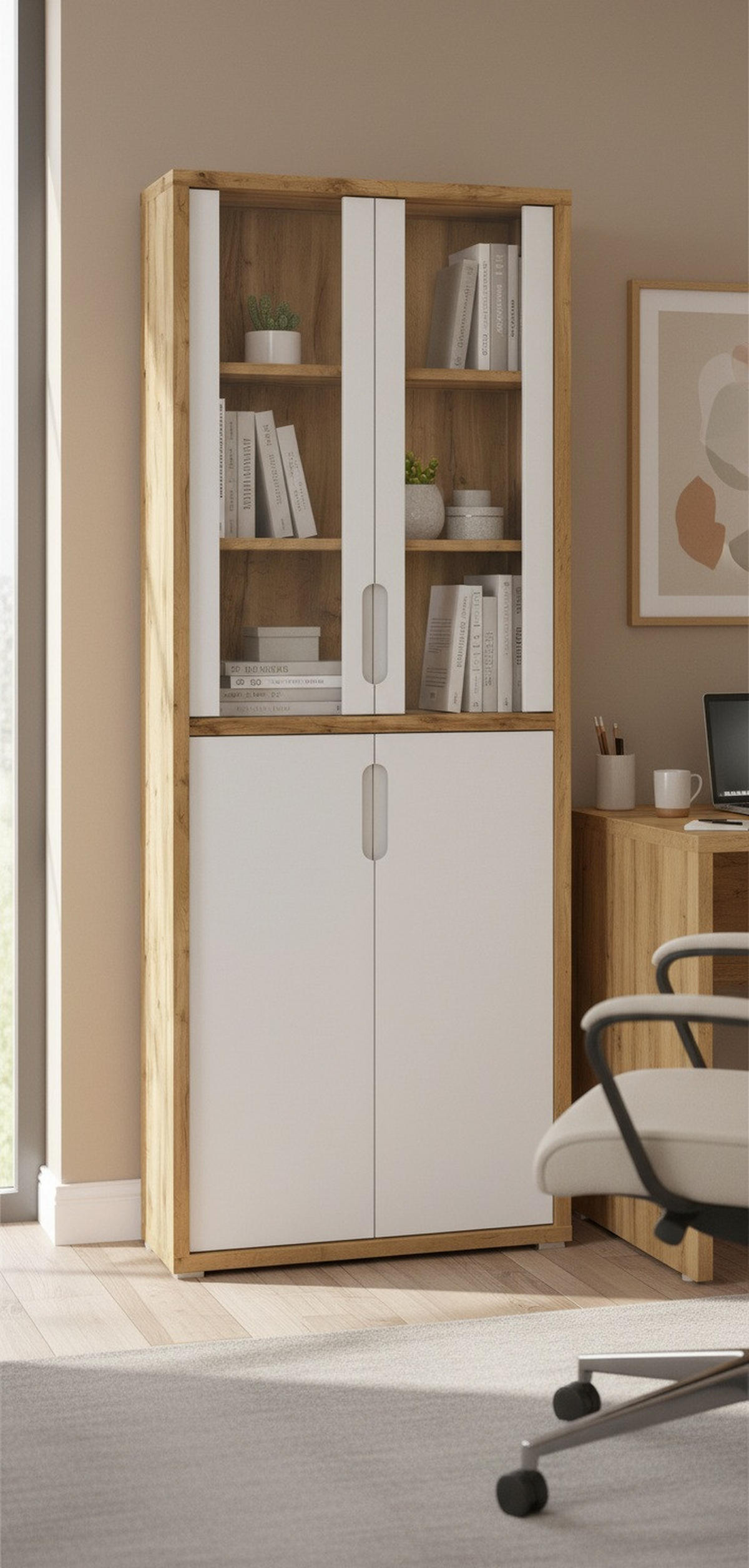 VITRINE  in Eichefarben, Weiß Hochglanz  - Eichefarben/Weiß Hochglanz, MODERN, Glas/Holzwerkstoff (80/218/36cm) - Xora