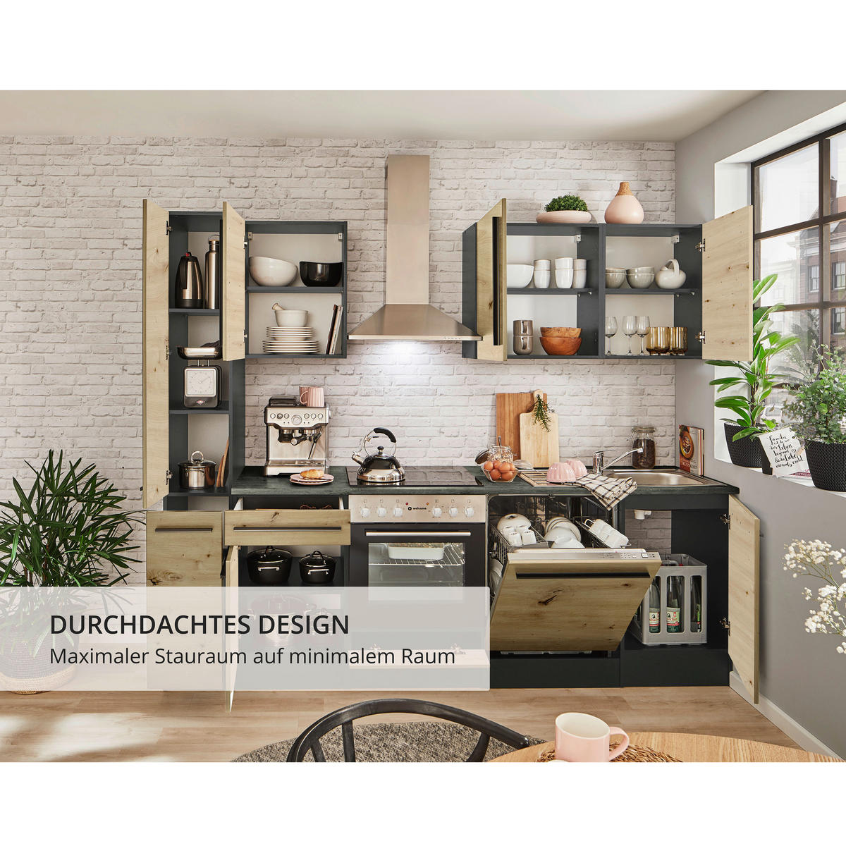 KÜCHENBLOCK   in Anthrazit, Eiche Artisan  - Anthrazit/Schwarz, LIFESTYLE, Holzwerkstoff/Kunststoff (250cm) - MID.YOU