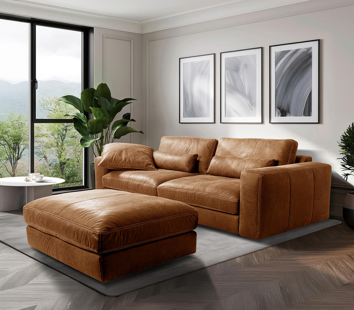HOCKER in Leder Cognac  - Cognac/Beige, Design, Leder/Kunststoff (123/45/93cm) - Livetastic