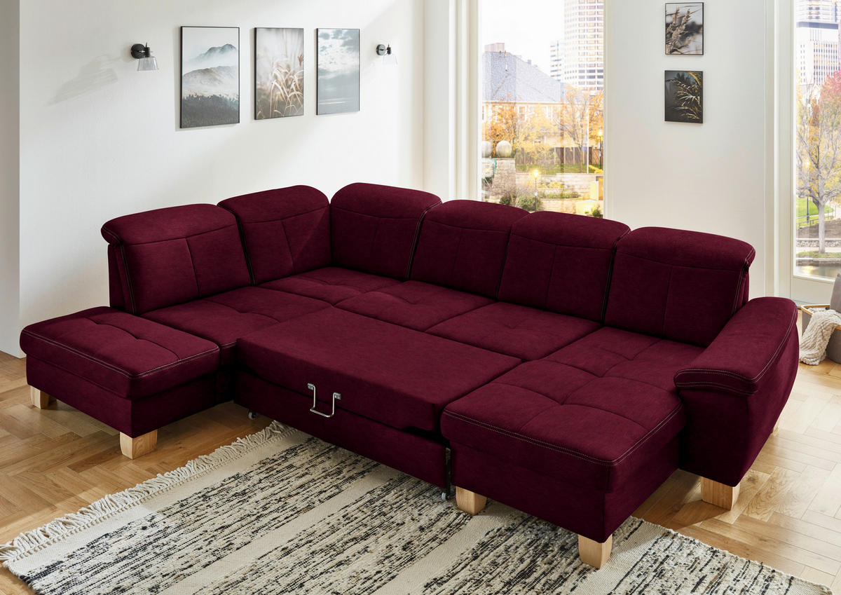 WOHNLANDSCHAFT Bordeaux Mikrofaser  - Wildeiche/Bordeaux, KONVENTIONELL, Holz/Textil (243/343/185cm) - Voleo