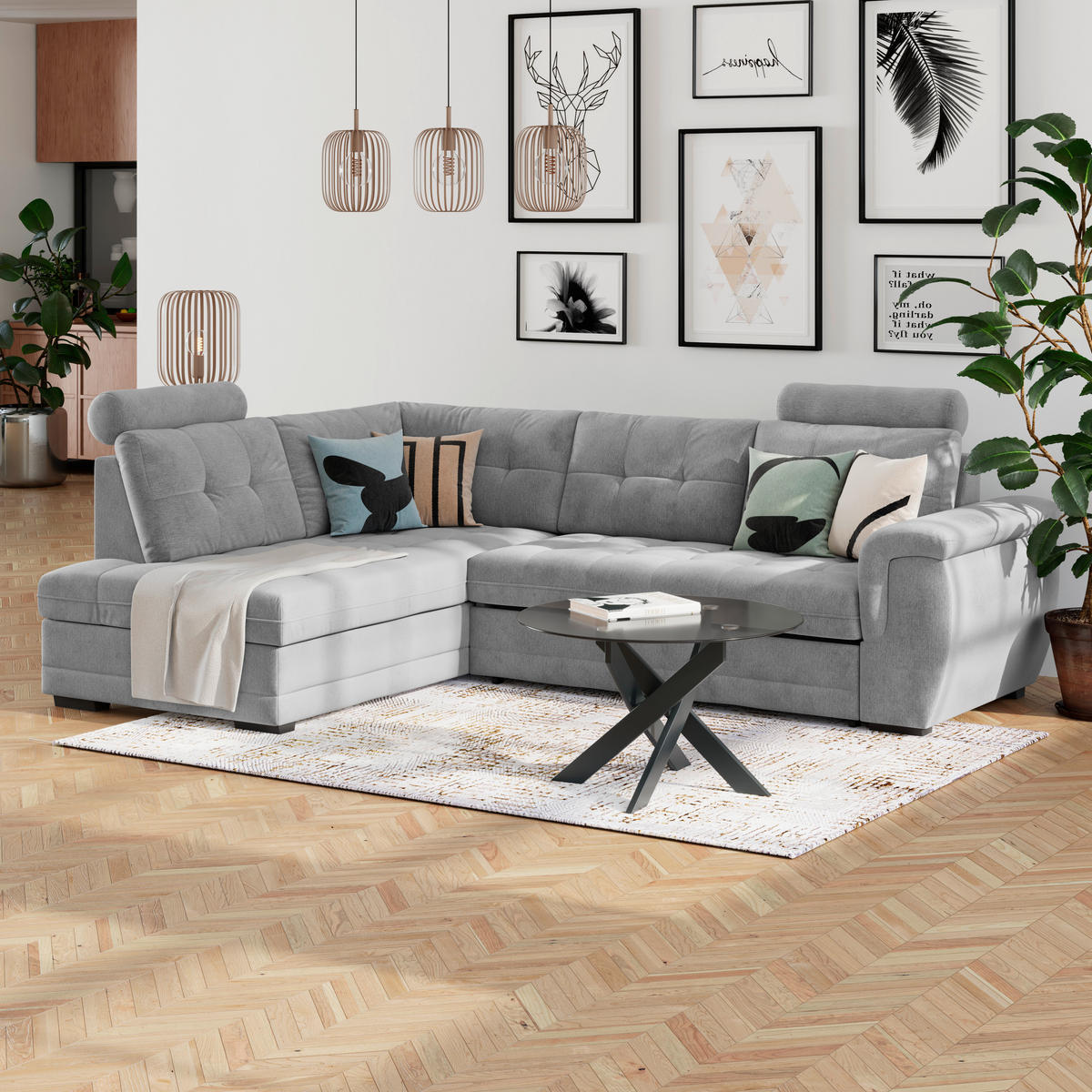 ECKSOFA  Mikrofaser, Struktur Hellgrau  - Hellgrau/Schwarz, Konventionell, Kunststoff/Textil (251/183cm) - MID.YOU