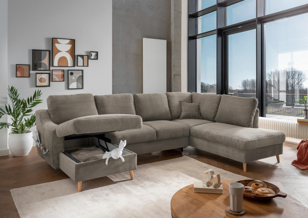 WOHNLANDSCHAFT Graubraun Cord  - Graubraun/Naturfarben, KONVENTIONELL, Holz/Textil (150/301/200cm) - P & B