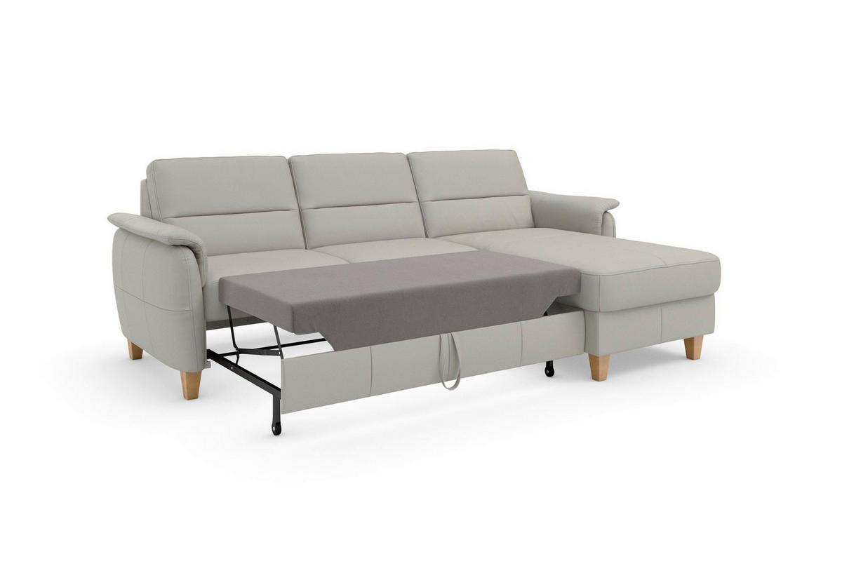 ECKSOFA PALMERA E Hellgrau Kombination Echtleder/Stoff Mikrofaser Bettkasten  - Eichefarben/Hellgrau, Basics, Leder/Holz (244/163cm) - Sit & More