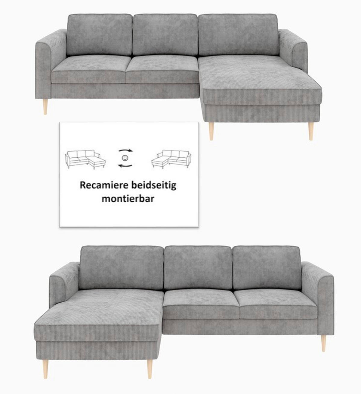 ECKSOFA Cord Grau  - Buchefarben/Grau, Modern, Holz/Textil (232/161cm) - Trendmanufaktur