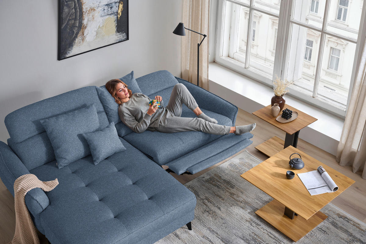 ECKSOFA MANTA in Flachgewebe Blau Bettkasten, Rücken echt, Relaxfunktion, Kopfteilverstellung  175/246 cm  - Blau/Schwarz, Design, Textil/Metall (175/246cm) - Celina