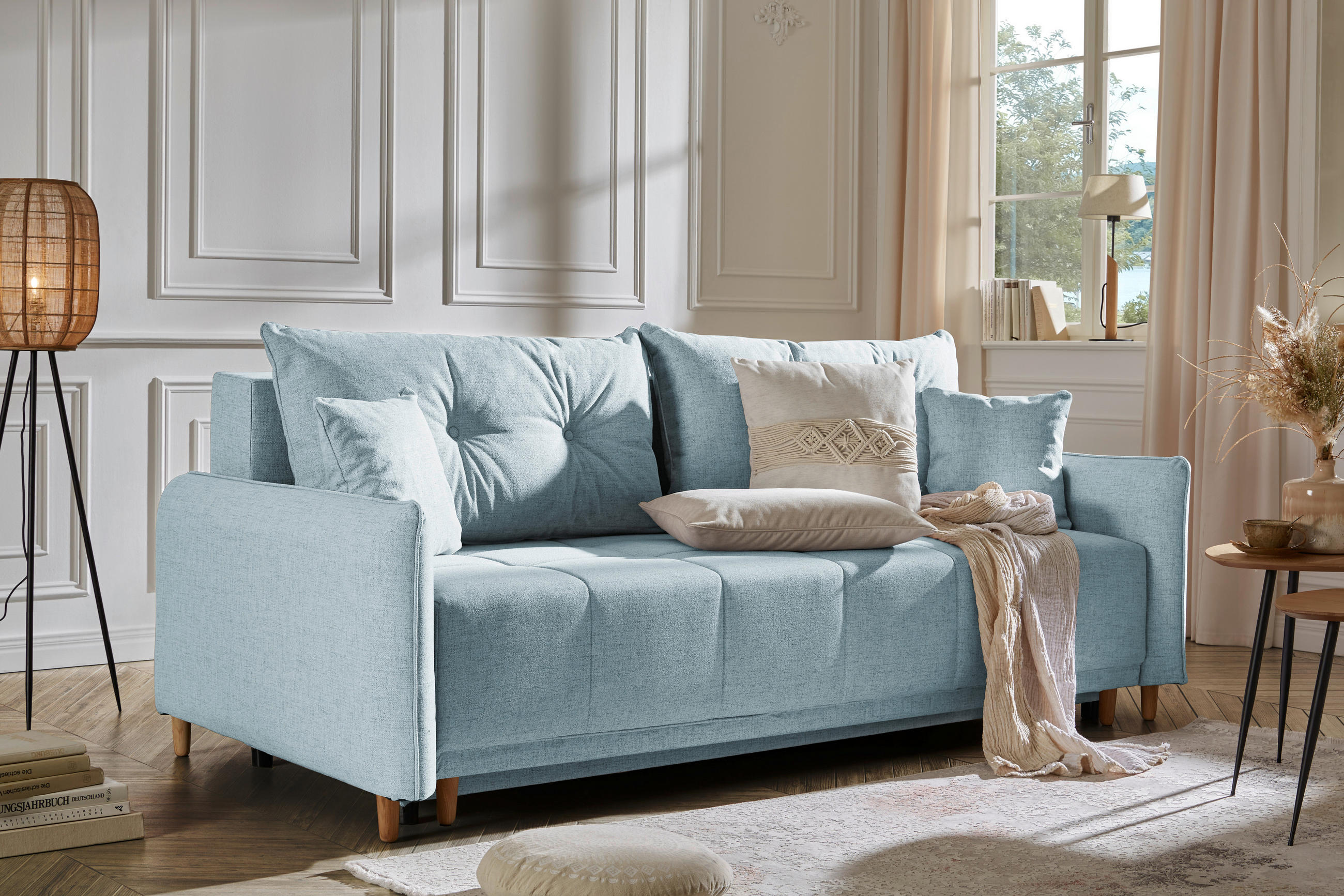 SCHLAFSOFA in Webstoff Hellblau  - Eichefarben/Hellblau, Design, Holz/Textil (227/98/113cm) - Carryhome