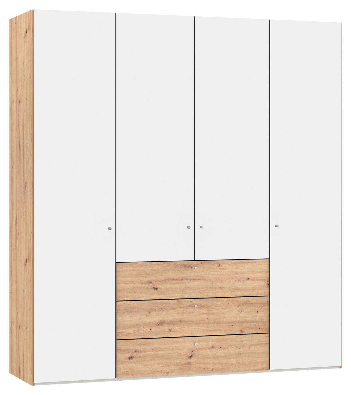 KLEIDERSCHRANK 203/220/59 cm,  in Weiß, Eichefarben, 4-türig  - Eichefarben/Silberfarben, Design, Holzwerkstoff/Metall (203/220/59cm) - Jutzler