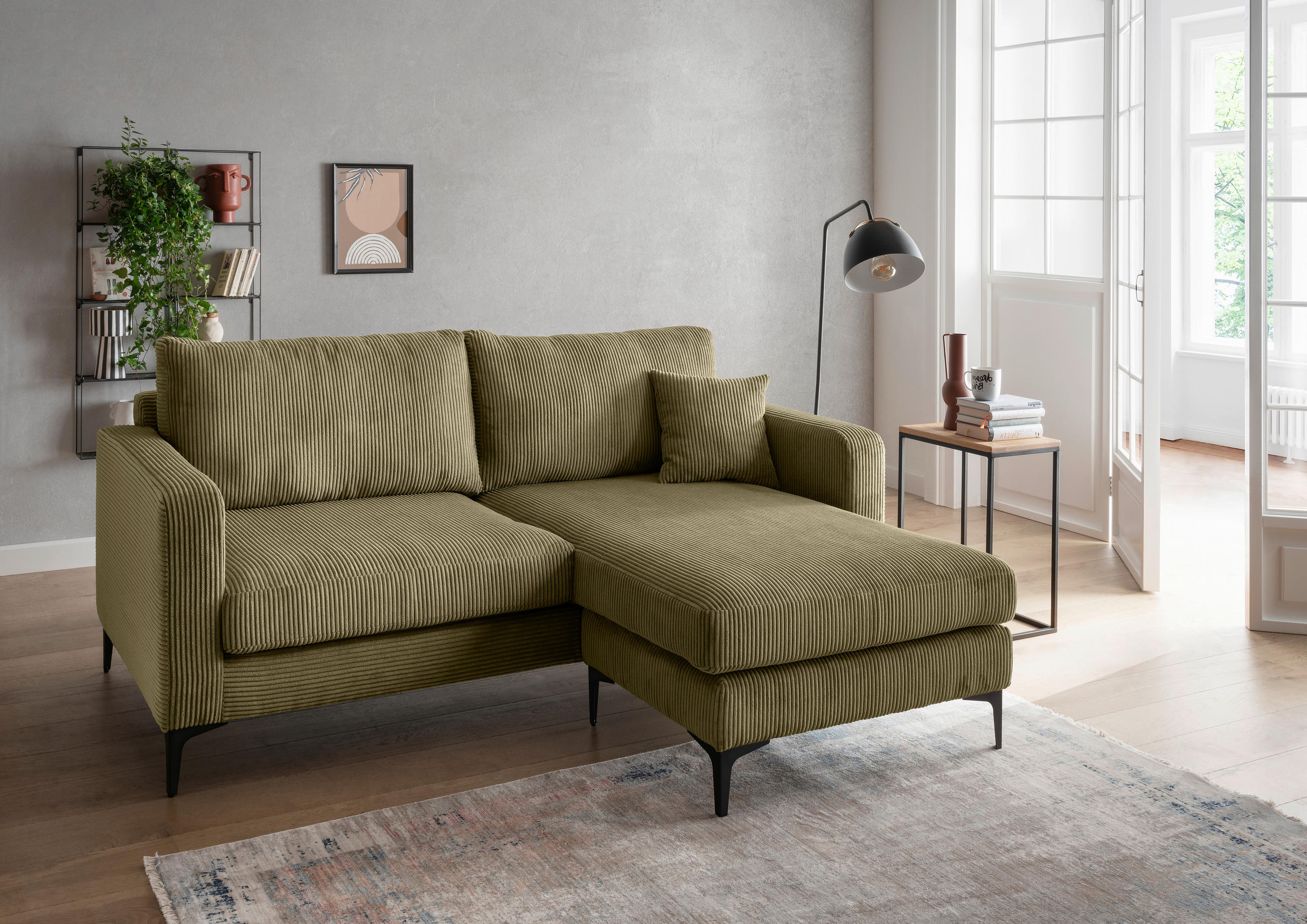 ECKSOFA in Cord Olivgrün  204/153 cm  - Schwarz/Olivgrün, Basics, Textil/Metall (204/153cm) - Livetastic