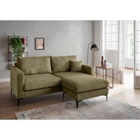Livetastic ECKSOFA Eliza Olivgrün Cord, links davon: Topfpflanze in grün, rechts davon: Hochflorteppich, Beistelltisch in grün, Stehleuchte in hellem Wohnzimmer.