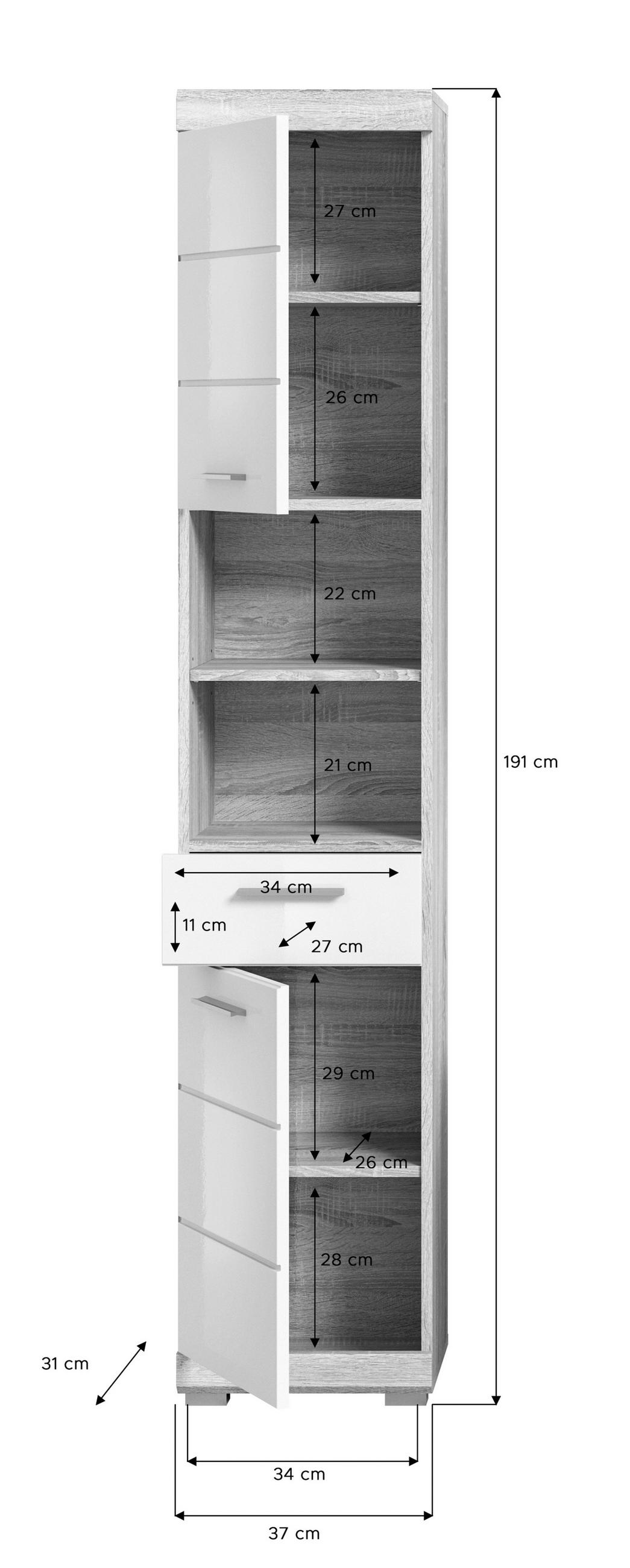 VISOKA OMARA 37/191/31 cm  - barve hrasta/bela, Moderno, umetna masa/leseni material (37/191/31cm) - MID.YOU