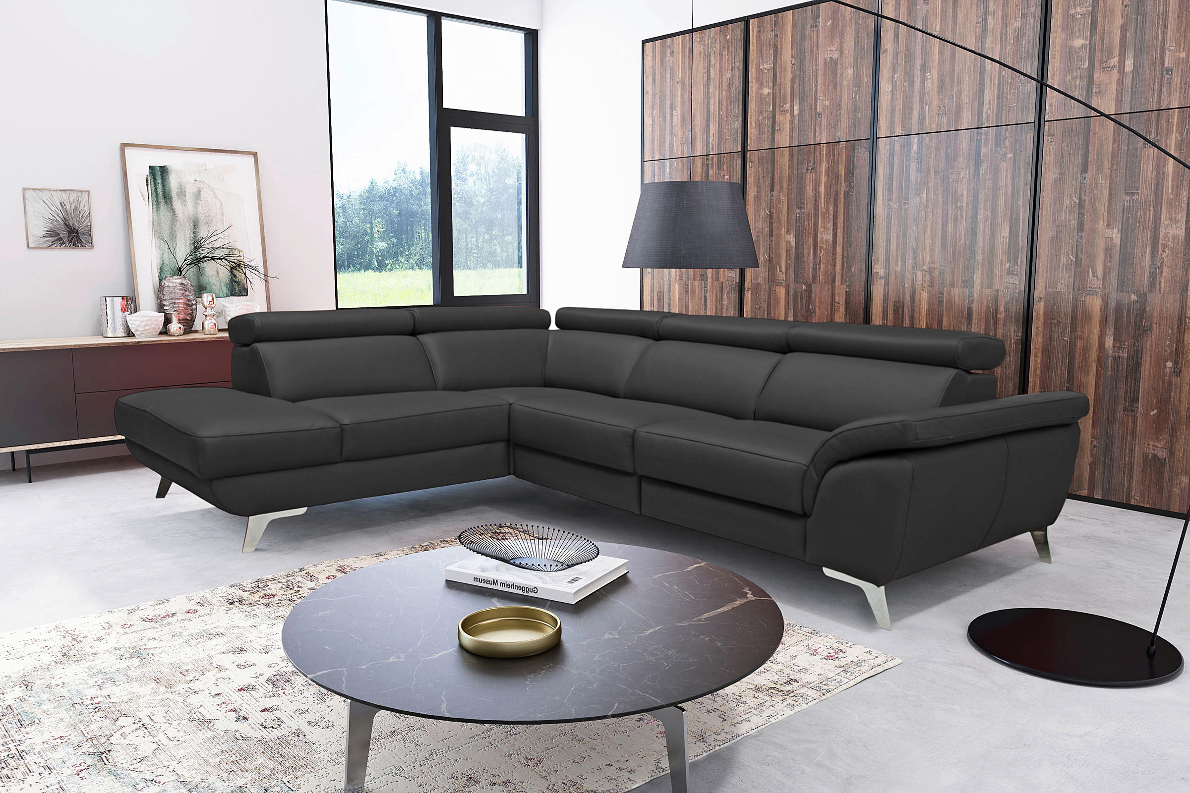 ECKSOFA  in Echtleder Schwarz  228/283 cm  - Silberfarben/Schwarz, Design, Leder/Metall (228/283cm) - Livetastic