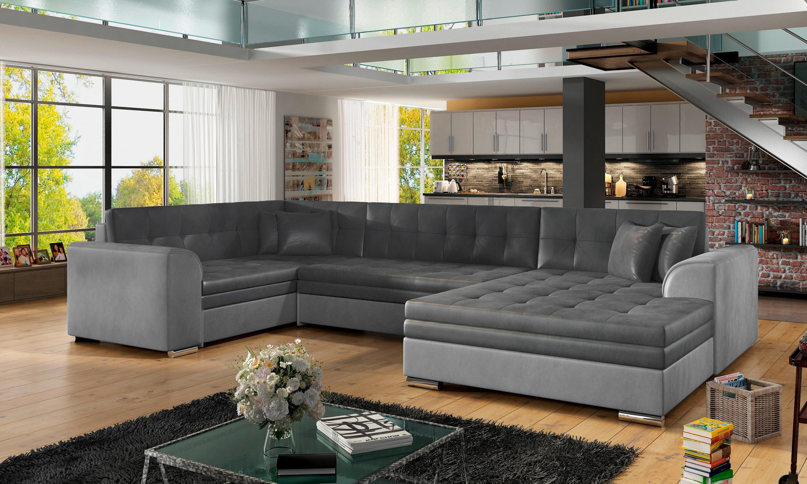 WOHNLANDSCHAFT Grau, Hellgrau Samt  - Chromfarben/Hellgrau, Design, Textil/Metall (189/338/189cm) - MID.YOU