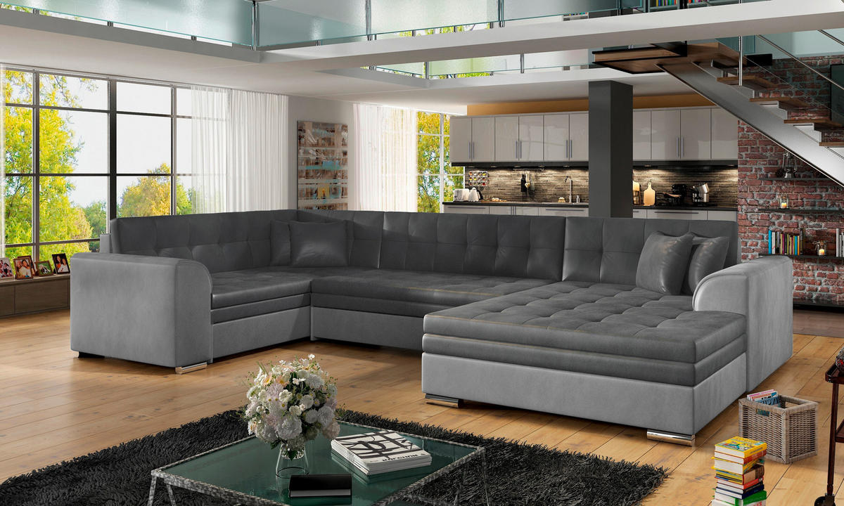 WOHNLANDSCHAFT Grau, Hellgrau Samt  - Chromfarben/Hellgrau, Design, Textil/Metall (189/338/189cm) - MID.YOU