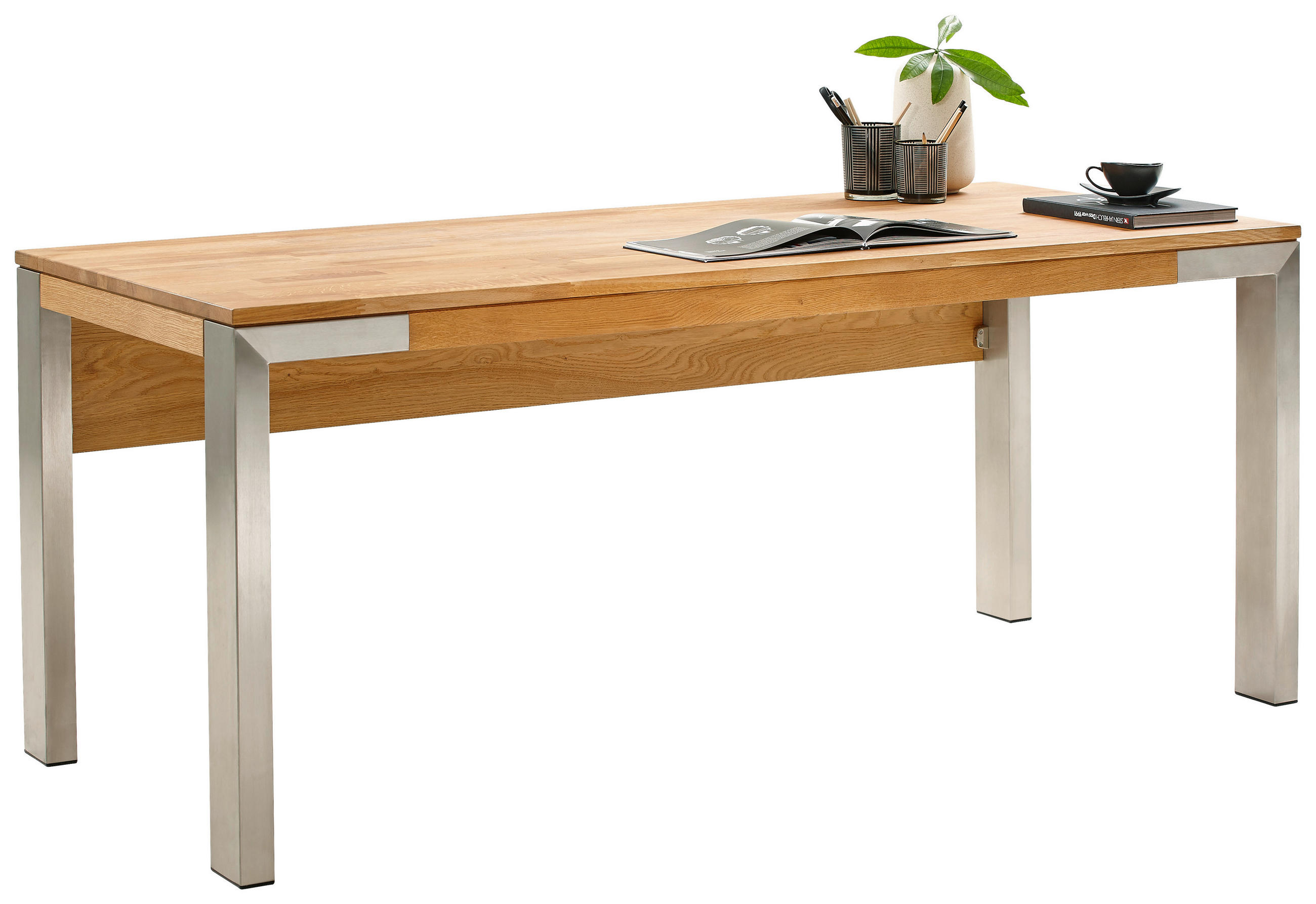 Schreibtisch 80/180/75 cm in Eichefarben, Edelstahlfarben