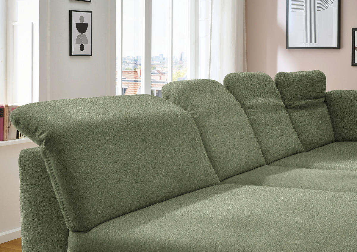 WOHNLANDSCHAFT  in Chenille Olivgrün  - Schwarz/Olivgrün, Design, Textil/Metall (198/369/255cm) - Beldomo Style