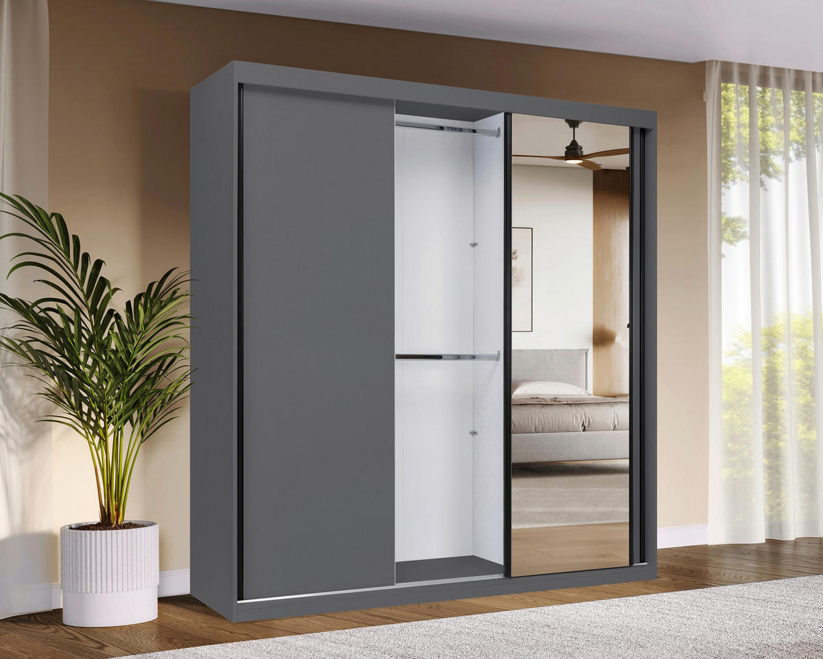 SCHIEBETÜRENSCHRANK 200/215/59,5 cm 3-türig  - Schwarz/Graphitfarben, MODERN, Holzwerkstoff/Metall (200/215/59,5cm) - MID.YOU