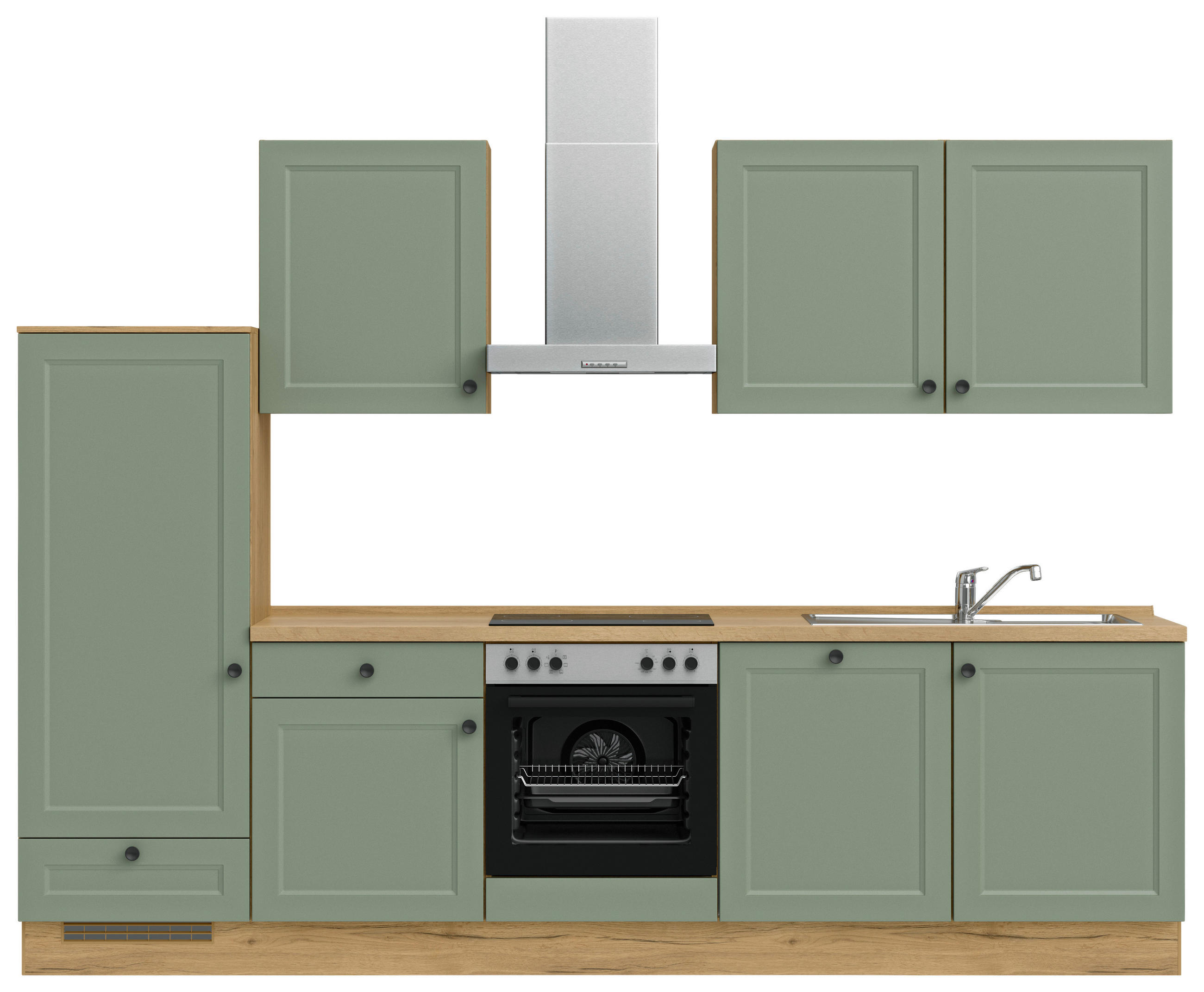 BUCĂTĂRIE FĂRĂ ELECTROCASNICE  - verde/culoare lemn stejar, Modern, metal/material pe bază de lemn (300cm) - Nobilia