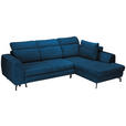 ECKSOFA Blau Chenille  inkl. Zierkissen, Bettkasten, Schlaffunktion, Rücken echt, Kopfteilverstellung, Liegefläche im Originalstoff  - Blau/Schwarz, KONVENTIONELL, Textil/Metall (266/185cm) - Carryhome