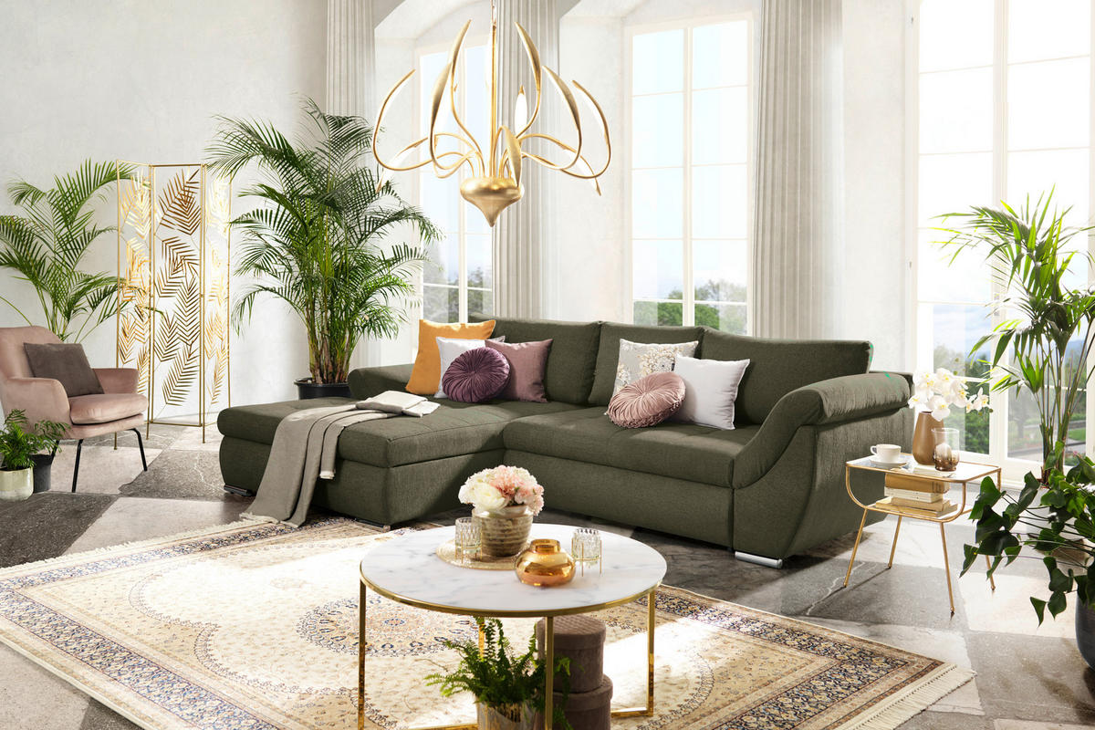ECKSOFA Olivgrün Flachgewebe  - Silberfarben/Olivgrün, Design, Textil/Metall (174/306cm) - Carryhome