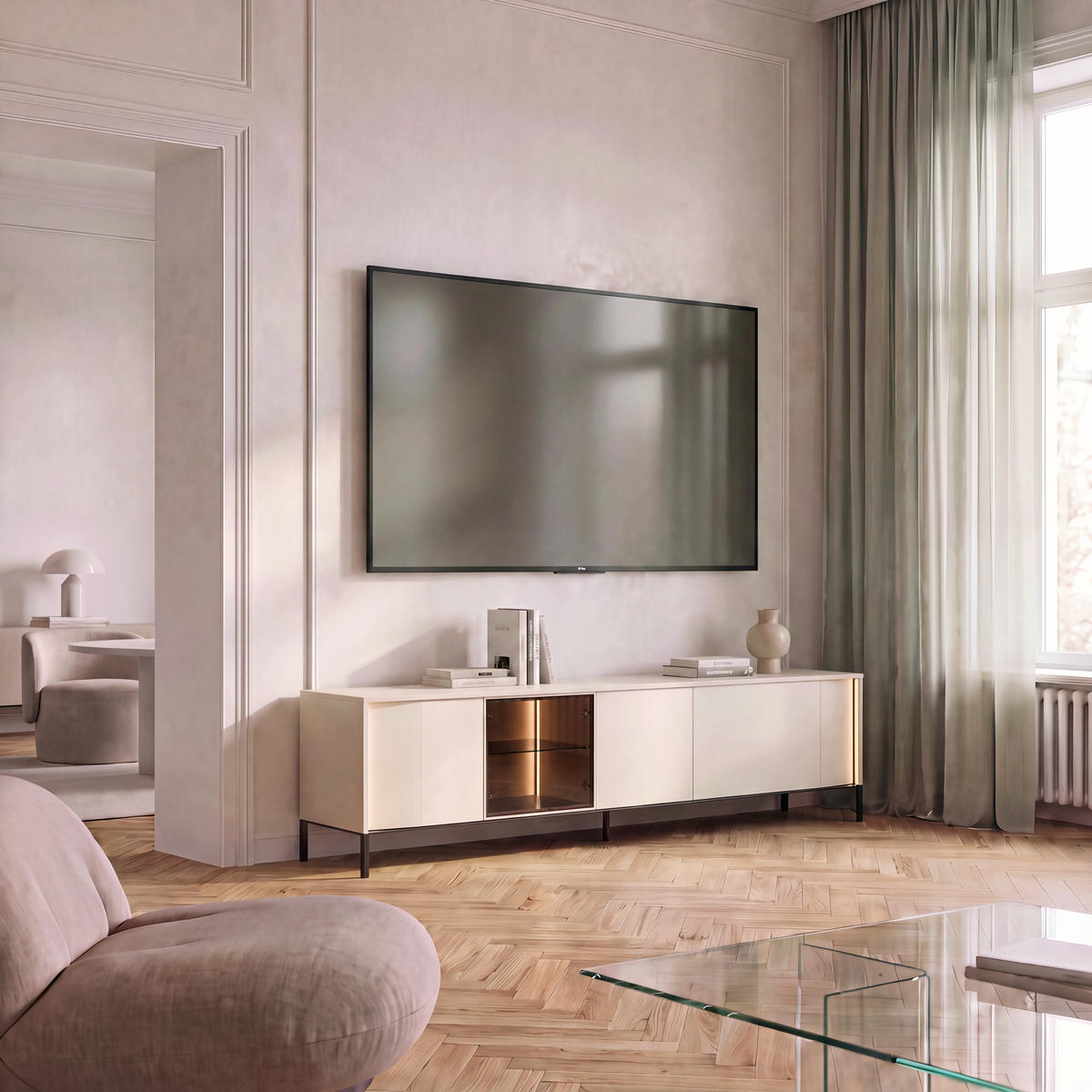 LOWBOARD BEVEL  193/58/40 cm  - Beige/Schwarz, Design, Glas/Holzwerkstoff (193/58/40cm) - Lomoco