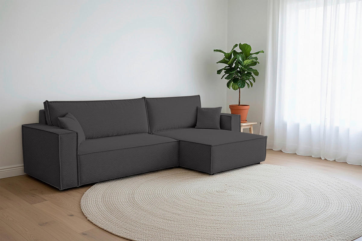 ECKSOFA inkl. Funktionen Dunkelgrau Cord  - Dunkelgrau/Schwarz, Design, Textil (267/141cm) - Xora