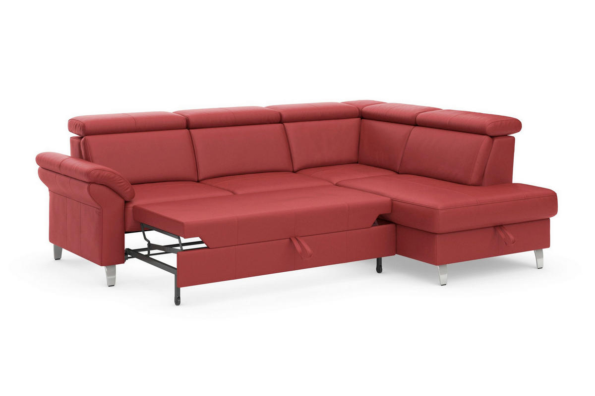 ECKSOFA 245/194 cm ARNGAST E in Echtleder Rot Bettkasten, Kopfteilverstellung, Liegefläche im Originalstoff  245/194 cm  - Chromfarben/Rot, Basics, Leder/Metall (245/194cm) - Sit & More