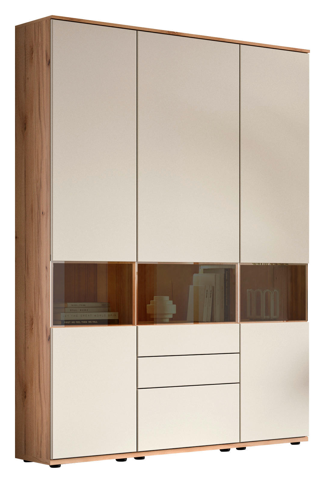VITRINENKOMBINATION  in Buchefarben, Beige - Beige/Buchefarben, KONVENTIONELL, Glas/Holzwerkstoff (150/215/40cm) - Venda