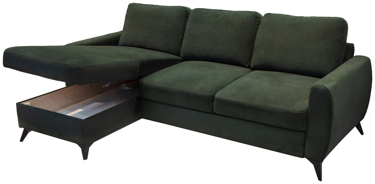 ECKSCHLAFSOFA JEFFREY Mikrovelours Dunkelgrün  inkl. Zierkissen, Rückenkissen, Stauraum  - Dunkelgrün/Schwarz, KONVENTIONELL, Textil/Metall (230/150cm) - Livetastic