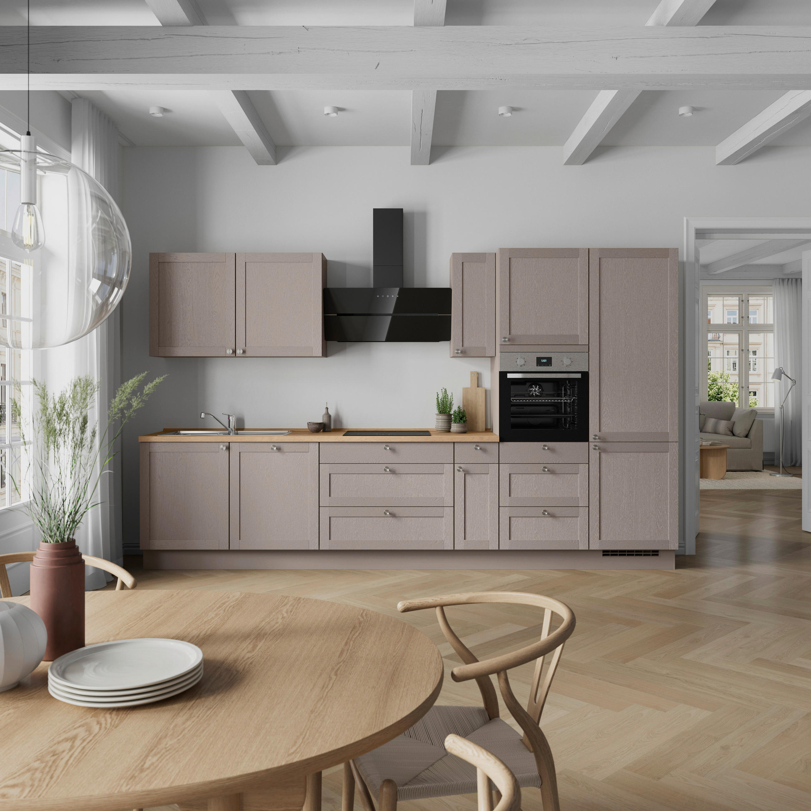 KÜCHENBLOCK Frame 360 cm  in Eichefarben, Beigebraun  - Edelstahlfarben/Eichefarben, MODERN, Holzwerkstoff/Metall (360cm) - Nobilia